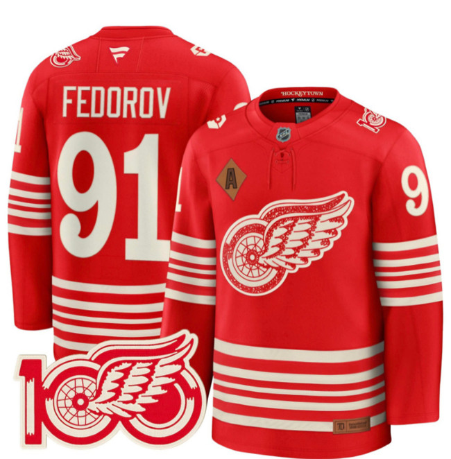 Men's Detroit Red Wings #91 Sergei Fedorov Red 2025 Centennial Premium With 100 and P Patch And A Patch Stitched Hockey Jersey